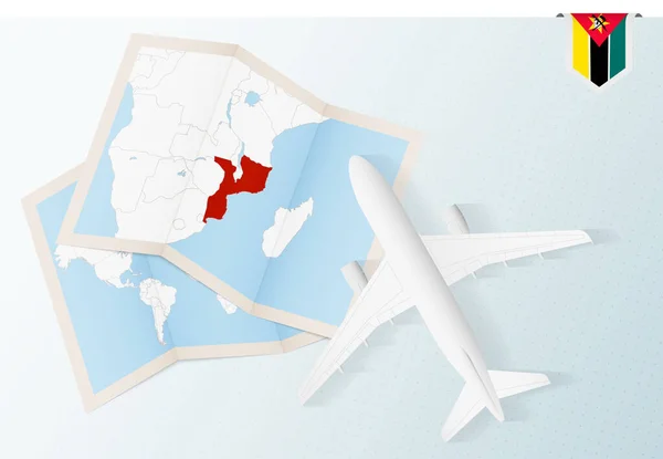 乘坐带有莫桑比克地图和国旗的顶级观光飞机前往莫桑比克 — 图库矢量图片