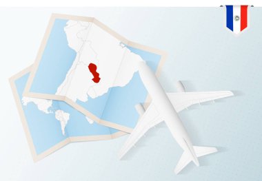 Paraguay 'a git, Paraguay haritası ve bayrağıyla üstten bak..