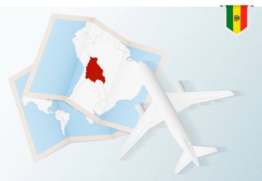 Bolivya 'ya seyahat, Bolivya' nın haritası ve bayrağıyla en üst görüş uçağı.