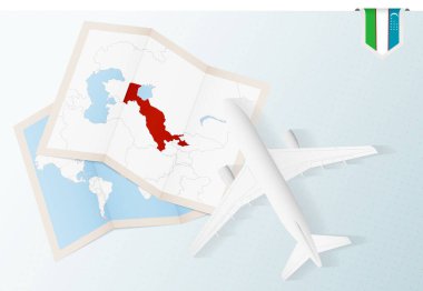 Özbekistan 'a seyahat, Özbekistan bayrağı ve haritası olan en üst görüş uçağı.