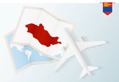 Moğolistan 'a seyahat, Moğolistan bayrağı ve haritası olan en iyi manzara uçağı.