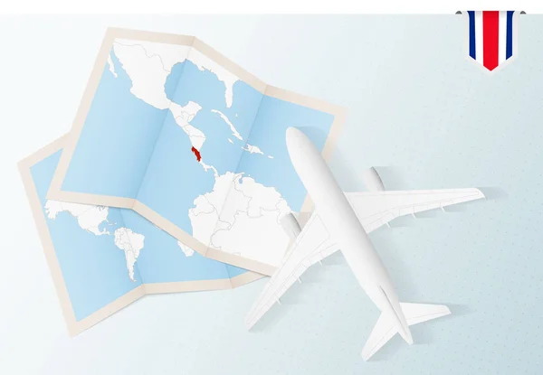코스타리카로 여행하는 코스타리카 의지도와 깃발이 비행기 — 스톡 벡터