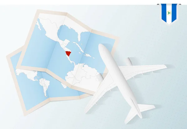 Cestovat Nikaragui Top View Letadlo Mapou Vlajkou Nikaragui — Stockový vektor