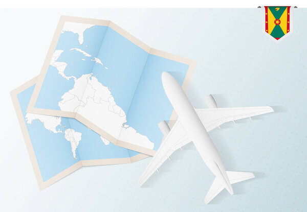 Travel to Grenada, top view airplane with map and flag of Grenada.