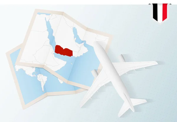 Resor Till Jemen Ovanifrån Flygplan Med Karta Och Jemens Flagga — Stock vektor