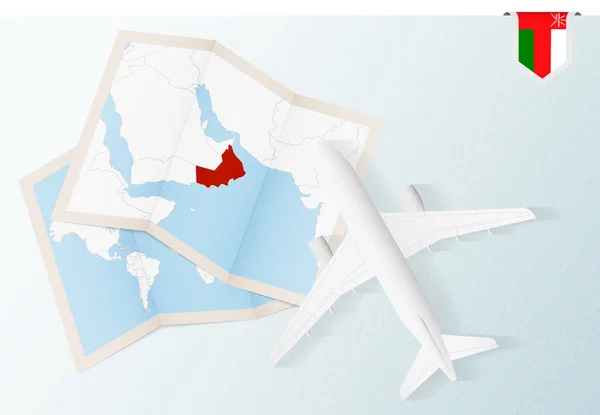 Viaje Para Omã Avião Com Vista Superior Com Mapa Bandeira — Vetor de Stock