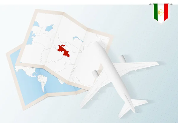タジキスタンへの旅行 タジキスタンの地図と旗を持つトップビュー飛行機 — ストックベクタ