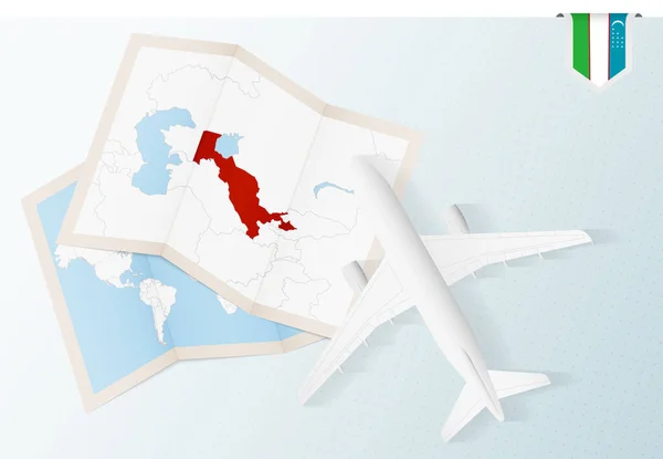 Viaje Para Uzbequistão Avião Com Vista Para Topo Com Mapa —  Vetores de Stock