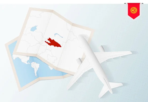 Cestování Kyrgyzstánu Top View Letadlo Mapou Vlajkou Kyrgyzstánu — Stockový vektor