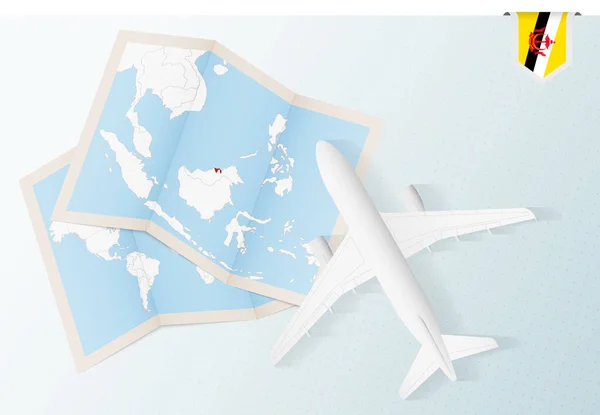 ブルネイへの旅行 ブルネイの地図と旗を持つトップビューの飛行機 — ストックベクタ