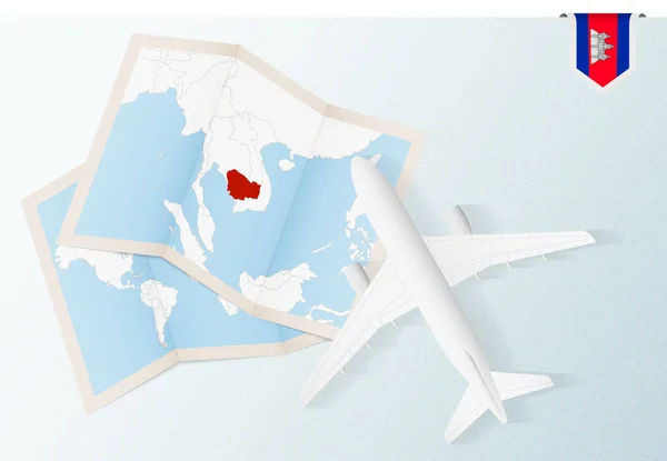 Reise Nach Kambodscha Flugzeug Von Oben Mit Karte Und Flagge — Stockvektor