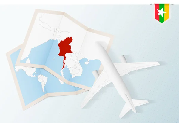 Voyage Myanmar Avion Avec Carte Drapeau Myanmar — Image vectorielle