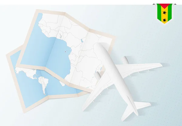 Cestování Svatý Tomáš Princův Ostrov Top View Letadlo Mapou Vlajkou — Stockový vektor