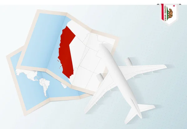 캘리포니아로 여행하는 지도와 깃발이 비행기 — 스톡 벡터