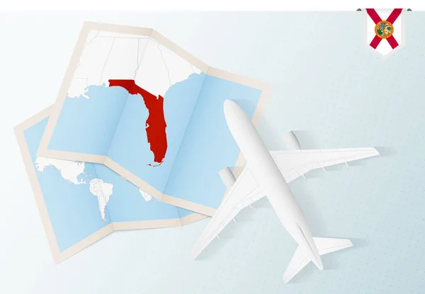 前往佛罗里达州 带着佛罗里达州地图和国旗的顶级观景飞机 — 图库矢量图片