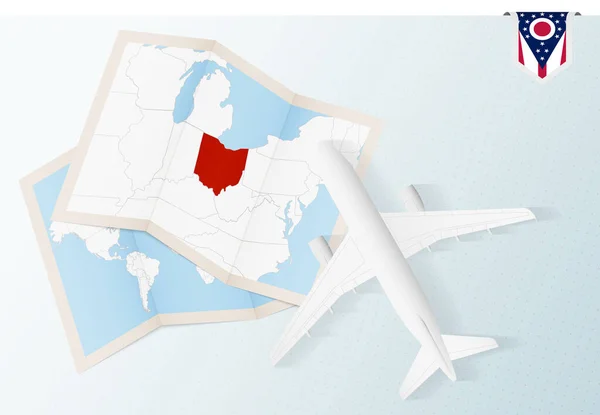 Reise Nach Ohio Flugzeug Von Oben Mit Karte Und Fahne — Stockvektor