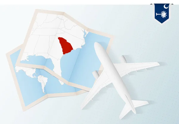 Ταξίδι Στη Νότια Καρολίνα Top View Αεροπλάνο Χάρτη Και Σημαία — Διανυσματικό Αρχείο