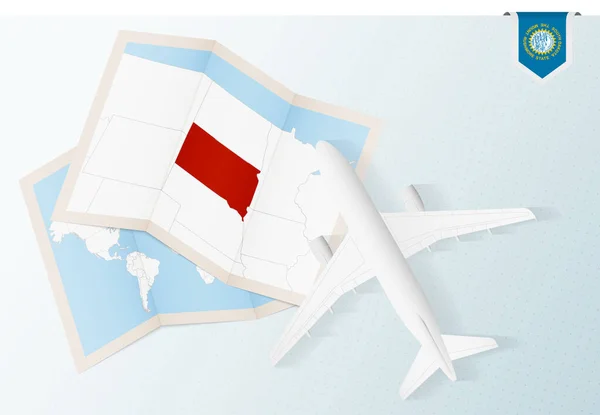 Podróż Dakoty Południowej Samolot Mapą Flagą Południowej Dakoty — Wektor stockowy