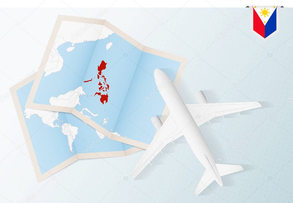 Travel to Philippines, top view airplane with map and flag of Philippines.