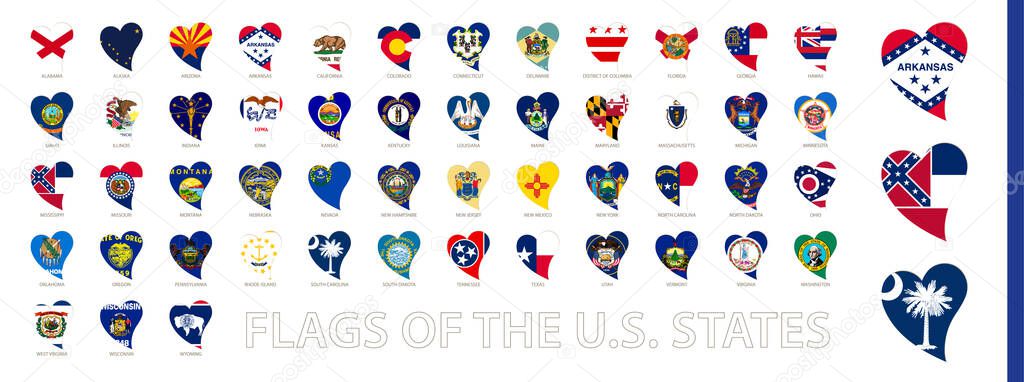 National Flags of US State in Shape of Heart. Heart icon set with the flags sorted alphabetical. Vector collection. 