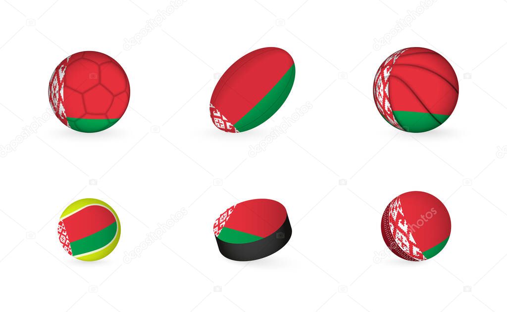 Sports equipment with flag of Belarus. Sports icon set.