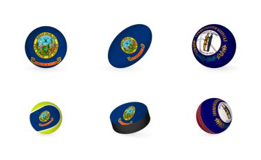 Idaho bayrağı taşıyan spor aletleri. Spor simgesi seti.