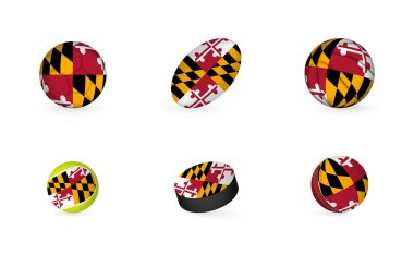 Maryland bayrağı taşıyan spor aletleri. Spor simgesi seti.