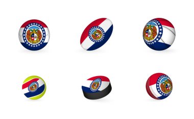 Missouri bayrağı taşıyan spor aletleri. Spor simgesi seti.