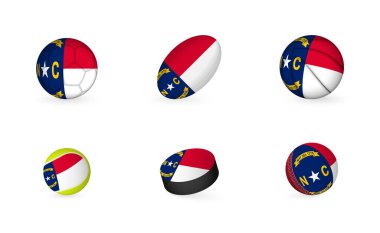 Kuzey Carolina bayrağı taşıyan spor aletleri. Spor simgesi seti.