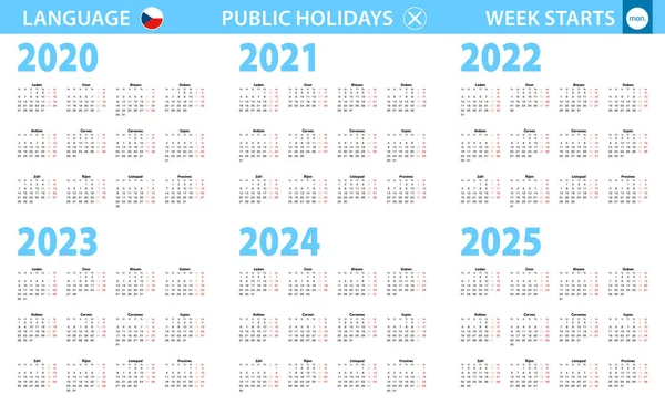 Kalendarz Języku Czeskim Lata 2020 2021 2022 2023 2024 2025 — Wektor stockowy