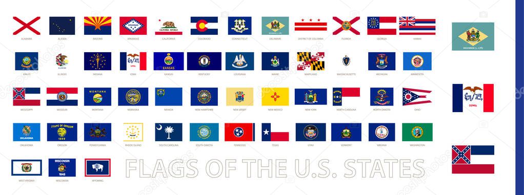 All flags of the US States in official proportions. Flags collection.