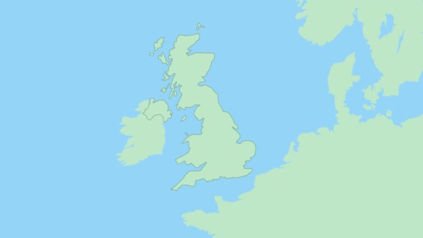 英国的地图 用国家首都的别针标出 联合王国与邻国的绿色地图 — 图库视频影像