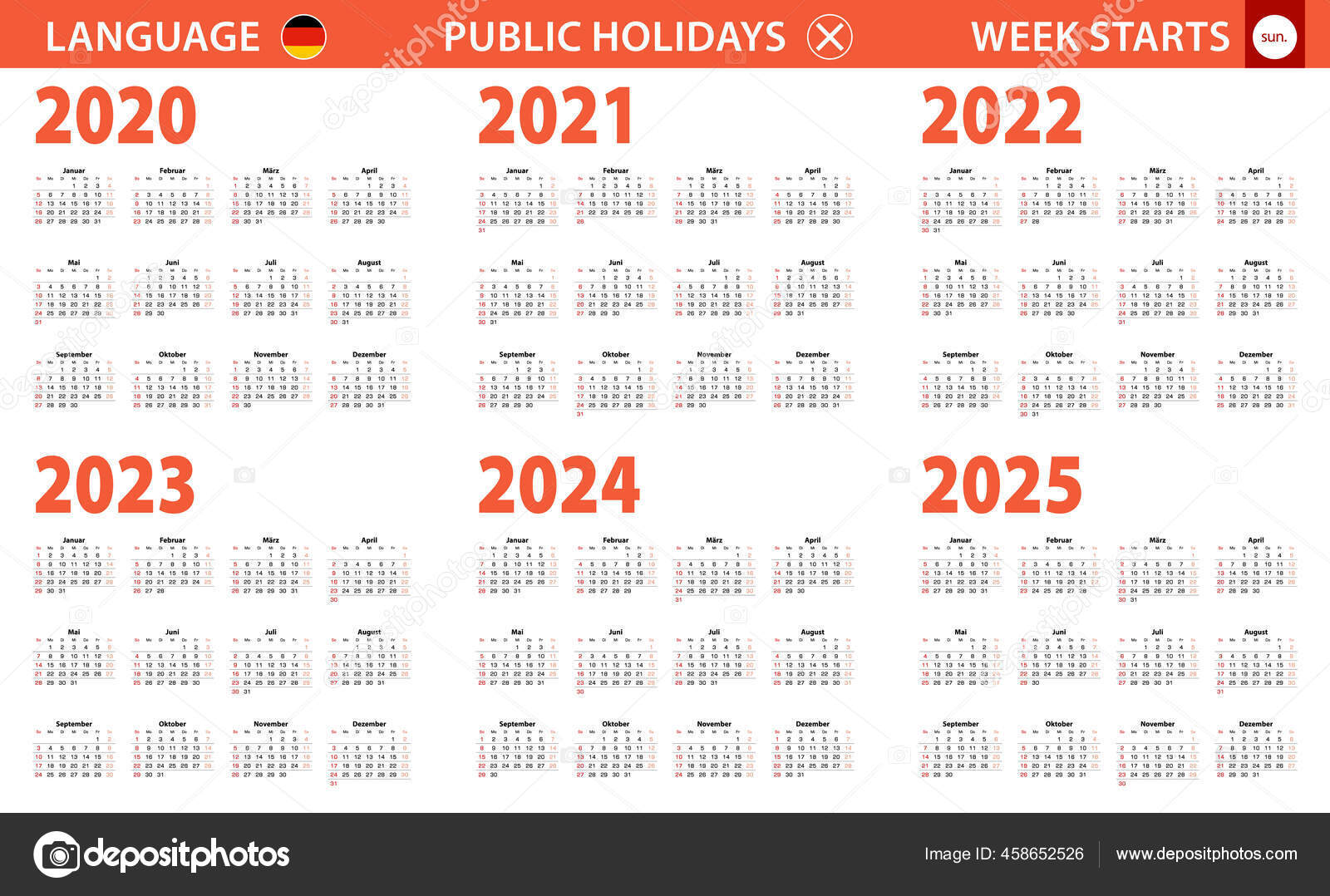 2020 2025 Year Calendar German Language Week Starts Sunday Stock Vector