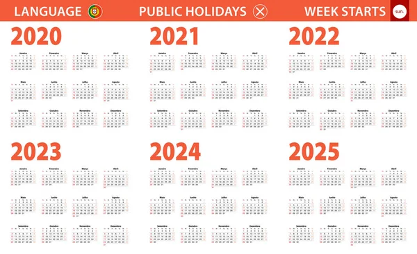 2020 2025 Rok Kalendarz Języku Portugalskim Tydzień Zaczyna Się Niedzieli — Wektor stockowy