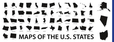 Collection of outline shape of US states map in black. Vector flat design. clipart