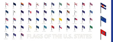 Birleşik Devletler bayrakları alfabetik olarak sıralanmış. 3 boyutlu bayrak koleksiyonu. Vektör illüstrasyonu.