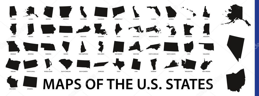 Collection of outline shape of US states map in black. Vector flat design.