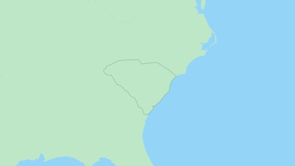 南卡罗来纳州的地图 带有乡村首府的别针 南卡罗来纳州与邻国的绿色地图 — 图库视频影像