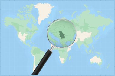 Sırbistan haritasında bir büyüteçle dünyanın haritası.