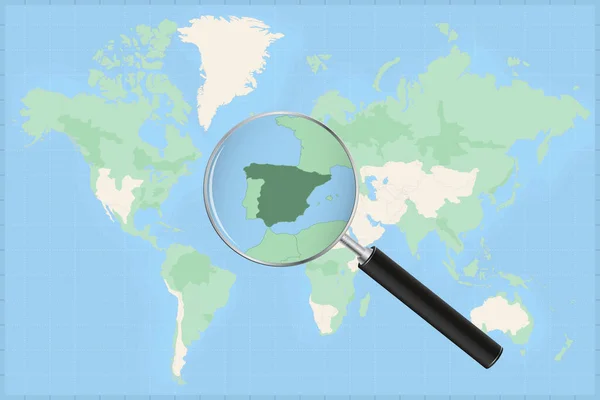 Weltkarte Mit Der Lupe Auf Einer Landkarte Von Spanien — Stockvektor