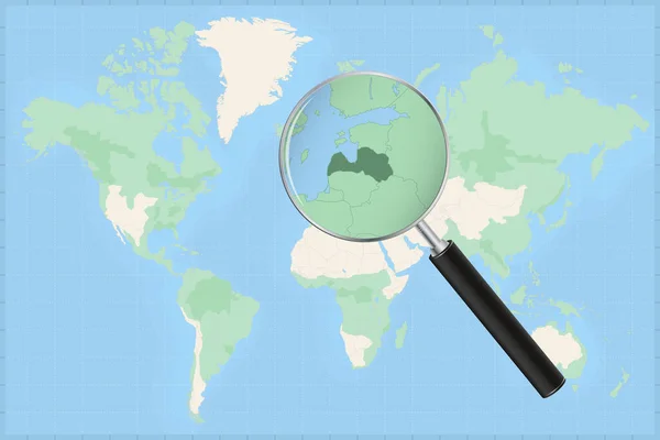 Kaart Van Wereld Met Vergrootglas Een Kaart Van Letland — Stockvector