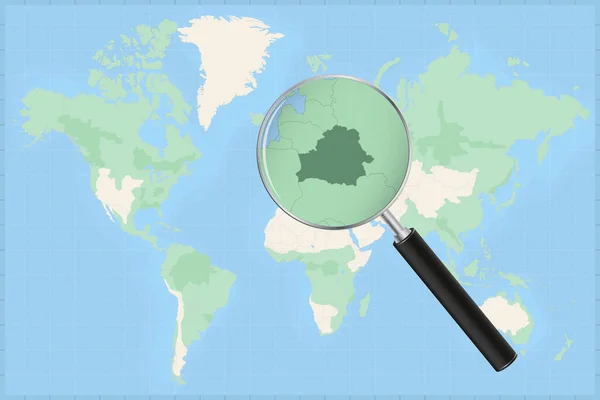 Carte Monde Avec Une Loupe Sur Une Carte Biélorussie — Image vectorielle