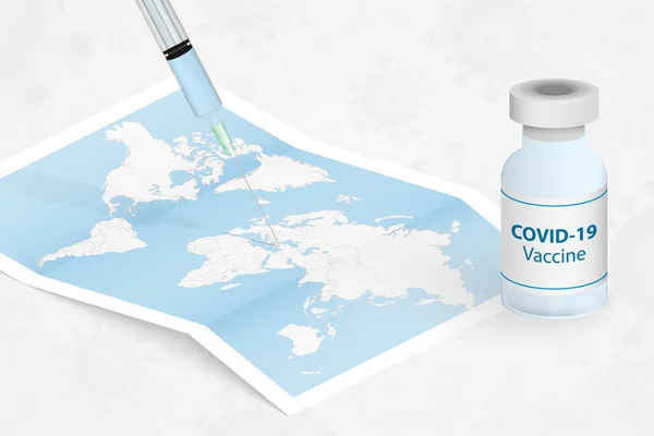 Vaccin Spuit Wereldkaart Coronavirusvaccin Vectorsjabloon Rechtenvrije Stockvectors