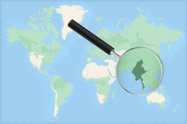 Myanmar haritasında bir büyüteçle dünyanın haritası..