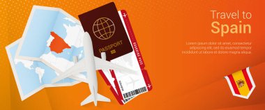 İspanya 'ya pop-under pankartıyla git. Pasaportlu, biletli, uçak, biniş kartı, harita ve İspanya bayrağı.