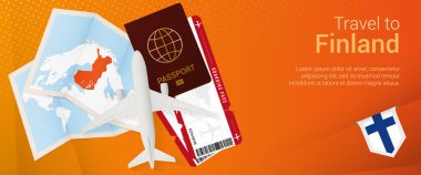 Finlandiya 'ya pop-under pankartıyla seyahat edin. Pasaport, bilet, uçak, biniş kartı, harita ve Finlandiya bayrağıyla seyahat bayrağı.