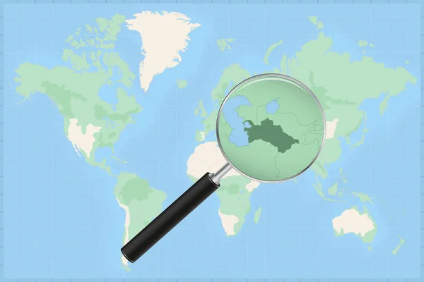 Weltkarte Mit Der Lupe Auf Einer Karte Von Turkmenistan — Stockvektor