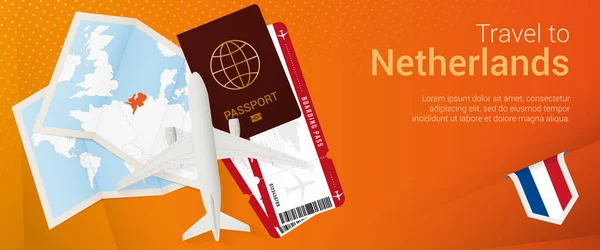 Podróż Holandii Pop Banner Baner Wycieczkowy Paszportem Biletami Samolotem Kartą — Wektor stockowy