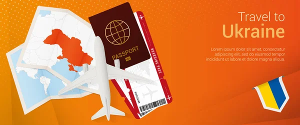 Podróż Ukrainę Pop Banner Baner Wycieczkowy Paszportem Biletami Samolotem Karnetem — Wektor stockowy