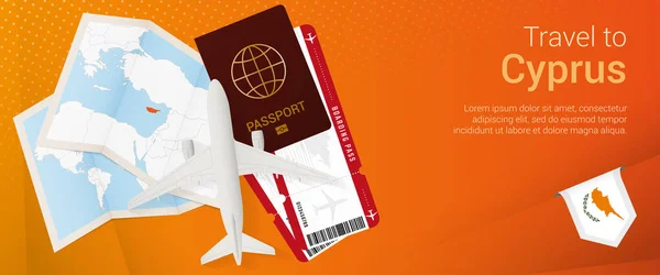 Podróż Cypr Pop Banner Baner Wycieczkowy Paszportem Biletami Samolotem Kartą — Wektor stockowy